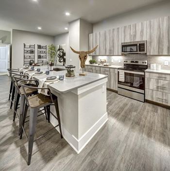 A modern kitchen with a white island and a cow skull as a decoration at Arise Riverside Apartments, Austin